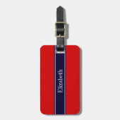 Monogram Solid Red, Navy Blue Ribbon Bagagelabel (Voorkant verticaal)