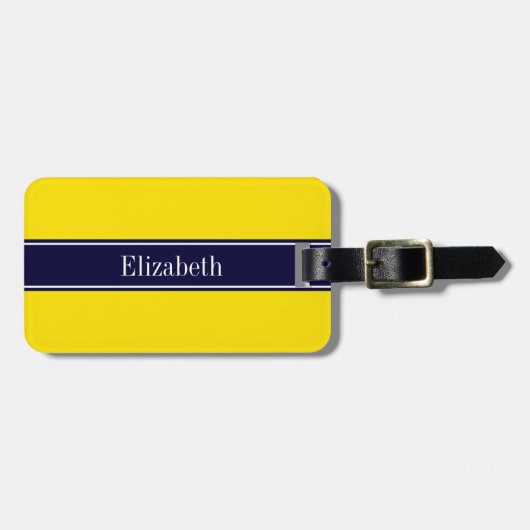 Monogram Solid Yellow, Navy Blue Ribbon Name Bagagelabel (Voorkant horizontaal)
