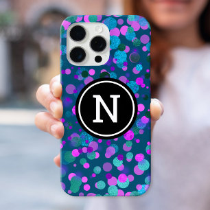 Monogram sparkle blauwe paarse confetti stippen op iPhone 16 pro max hoesje