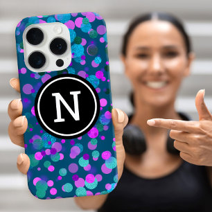 Monogram sparkle blauwe paarse confetti stippen op iPhone 16 pro hoesje