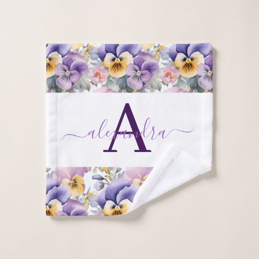 Monogram Spring Pansy Pansies Towel Set Bad Handdoek (Wasdoekje)