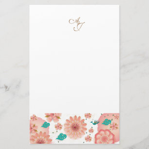 Monogram Spring Peach Flowers Garden Decor Custom Briefpapier