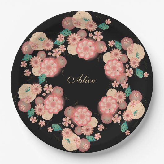 Monogram Spring Peach Flowers Garden Floral Boho Papieren Bordje (Voorkant)