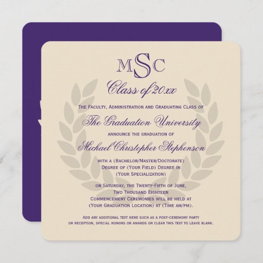 Monogram Square Classic Paarse College Graduing Kaart (Voorkant / Achterkant)