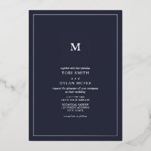 Monogram Square Dark Blue Wedding Folie Uitnodigin Uitnodiging