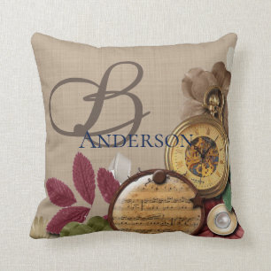 Monogram Steampunk Clock en Flowers Kussen