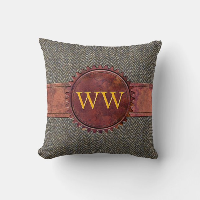  monogram Steampunk Tweed en Leder Kussen (Voorkant)