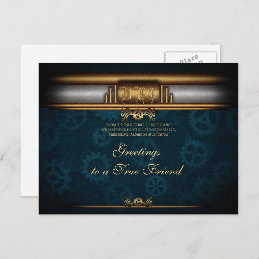 Monogram Steampunked Deco, messing en diep blauw Briefkaart (Voorkant / Achterkant)