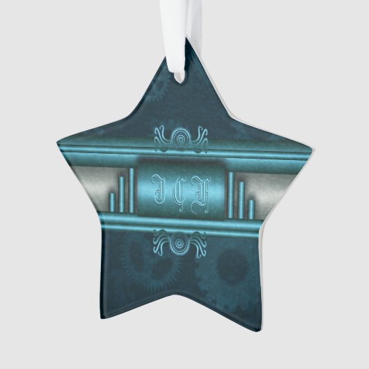 Monogram, Steampunked Deco op ijs blauw en blauwgr Ornament (voorkant)
