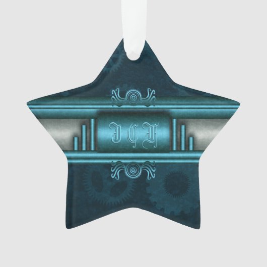 Monogram, Steampunked Deco op ijs blauw en blauwgr Ornament (voorkant)