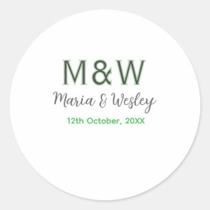 Monogram stel grijs groen modern romantisch datum ronde sticker