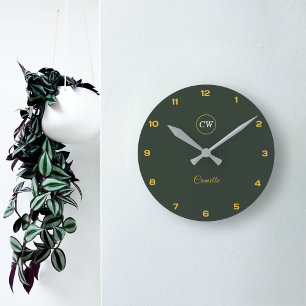 Monogram Stijlvol Goud & Bosgroen Ronde Klok
