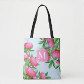 Monogram Stijlvol Initiaal Roze Waterverf Bloemen Draagtas (Voorkant)