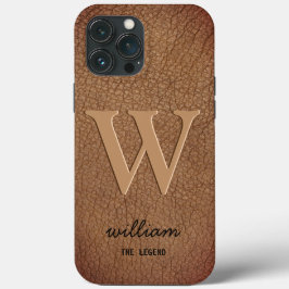 Monogram stijlvolle gouden script naam bruin leer iPhone 13 pro max hoesje