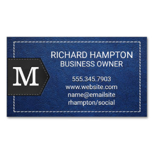 Monogram Stitched Blue Leather en Patch Magnetisch Visitekaartje