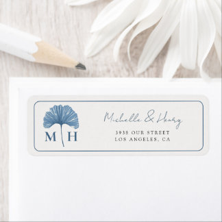 Monogram Stofblauw Botanisch Watercolor Bruiloft Etiket