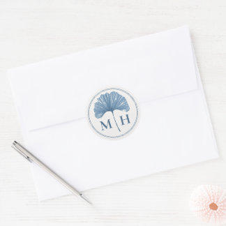 Monogram Stofblauw Botanisch Watercolor Bruiloft Ronde Sticker