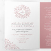 Monogram stoffige roos verlaat de bruiloft helemaa drieluik uitnodiging (Binnenzijde eerst)