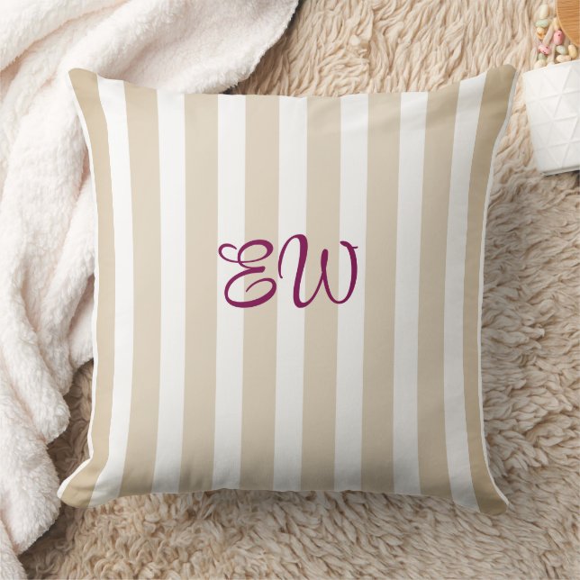 Monogram Stripe Custom Throw Pillow | Tan Sangria Kussen (Deken)