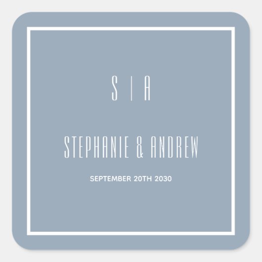 Monogram Stusty Blue en White Modern Simple Weddin Vierkante Sticker (Voorkant)