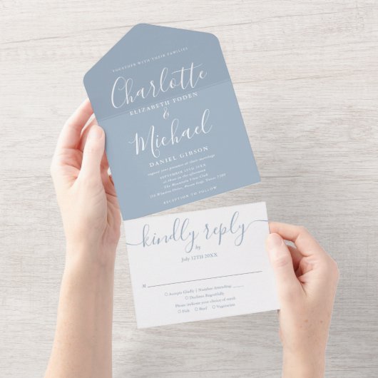 Monogram Stusty Blue Modern Script Weddenschap All In One Uitnodiging (Afscheurbaar)