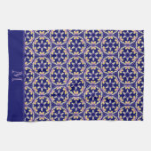Monogram Stylish Indigo Spaans-Mediterrane Tile Theedoek (Horizontaal)