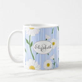 Monogram Summer Daisies Pattern Light Blue Stripe Koffiemok
