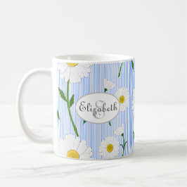 Monogram Summer Daisies Pattern Light Blue Stripe Koffiemok