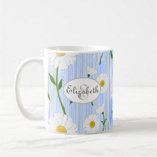 Monogram Summer Daisies Pattern Light Blue Stripe Koffiemok