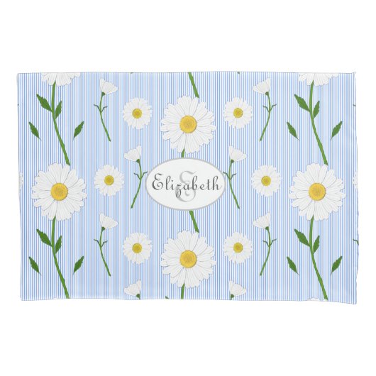 Monogram Summer Daisies Pattern Light Blue Stripe Kussensloop (Voorkant)
