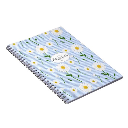 Monogram Summer Daisies Pattern Light Blue Stripe Notitieboek (Rechterzijde)
