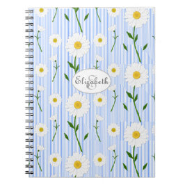Monogram Summer Daisies Pattern Light Blue Stripe Notitieboek