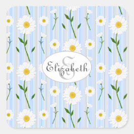 Monogram Summer Daisies Pattern Light Blue Stripe Vierkante Sticker