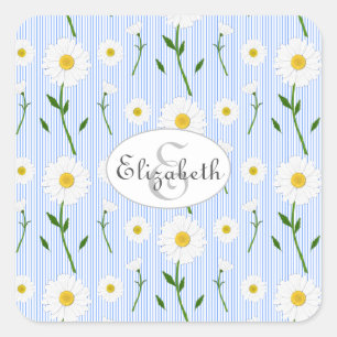 Monogram Summer Daisies Pattern Light Blue Stripe Vierkante Sticker