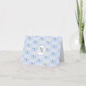 Monogram Summer Daisy floral Pattern Blue Stripe Notitiekaartje (Voorkant)