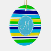 Monogram Summer Striped Blauwgroen Groen Geel Blau Keramisch Ornament (Rechts)