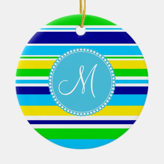 Monogram Summer Striped Blauwgroen Groen Geel Blau Keramisch Ornament (Voorkant)
