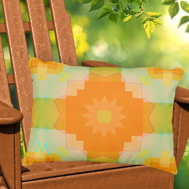 Monogram Sunny Summer Pattern Outdoor Pillow Buitenkussen (Pillow featuring a modern geometric pattern in warm sunny orange, yellow and fresh green)