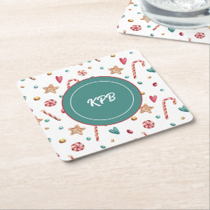 Monogram Sweet Snoep Patroon Vierkant Papier Onder Vierkante Kartonnen Onderzetter