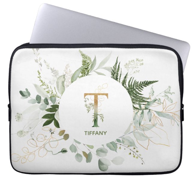 Monogram T Elegant Greenery Laptop Mouw Sleeve (Voorkant)
