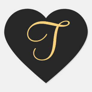 Monogram T, gouden initiaal T op zwart Hart Sticker