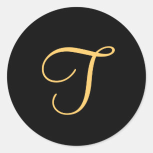 Monogram T, goudkleurig initiaal T op zwart, Ronde Sticker