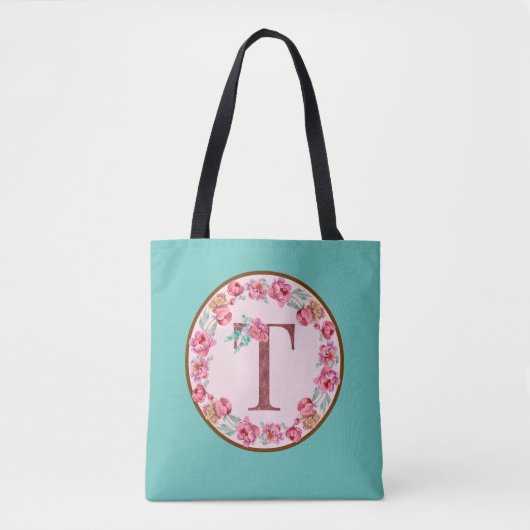 Monogram T Letter met Peony Flower Afbeelding Canv Draagtas (Voorkant)