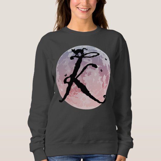 Monogram T-shirt met volle maan en kat-K-Initiaal (Voorkant)