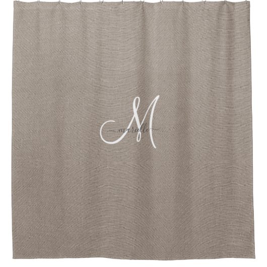 Monogram Taupe White Script Faux Linen Douchegordijn (Voorkant)