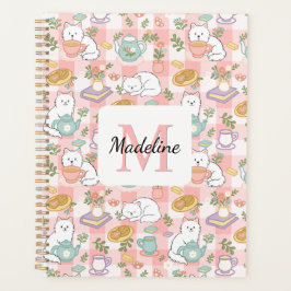 Monogram Tea & Bookish Cats Spiral Planner Pink