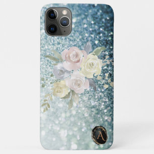 *~* Monogram TEAL Bloemenschildering Glitter iPhone 11 Pro Max Hoesje