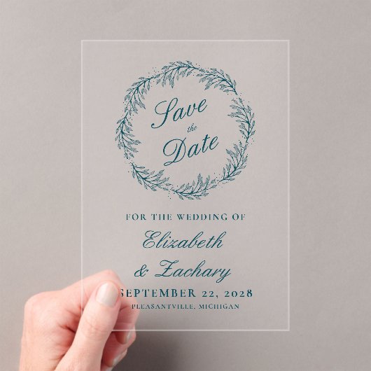 Monogram Teal Blue Wreath Wedding Save the Date Acryl Uitnodigingen (Insitu (Draagbaar))