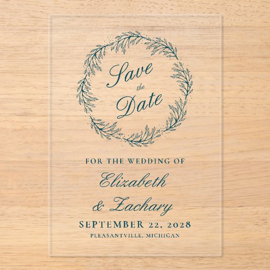 Monogram Teal Blue Wreath Wedding Save the Date Acryl Uitnodigingen (Voorkant)