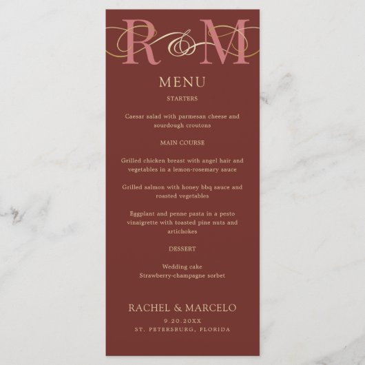 Monogram Terracotta Élégant Menu Mariage (Devant)